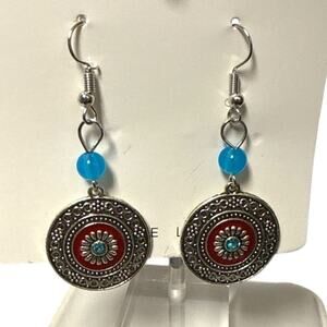 Bohemian Silver and Red Dangle Earrings beaded NEW pierced